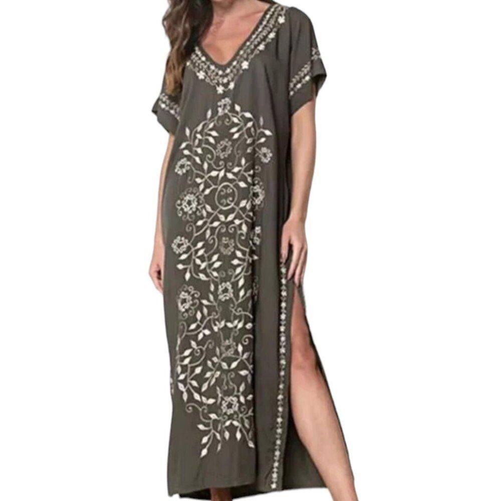 Moss Green Mediterranean Floral Kaftan Dress Boho Resort -OS NWT